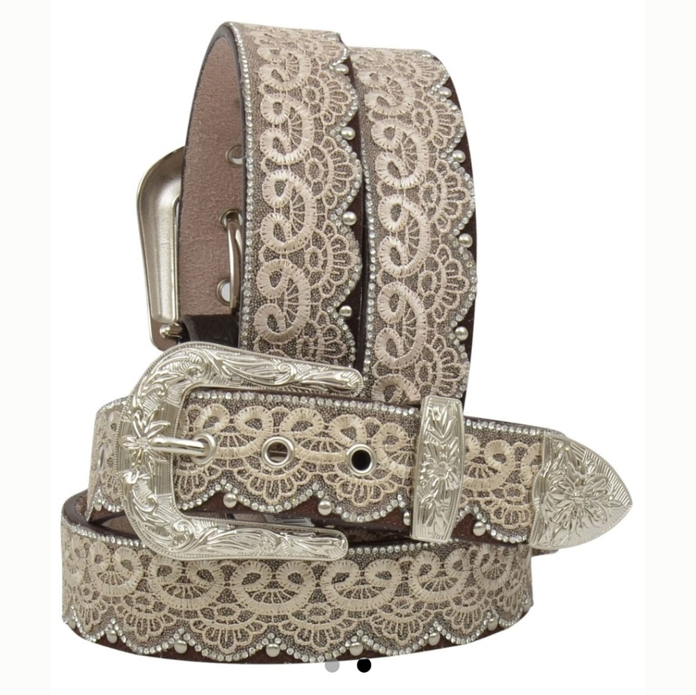 Angel Ranch Western Silver Rhinestone Lace Scalloped Feminine Belt Womens S - Picture 2 of 13